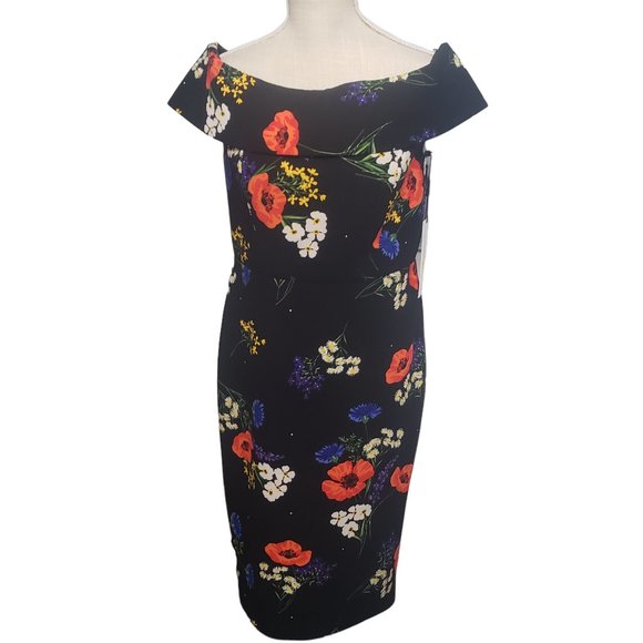 Calvin Klein Dresses & Skirts - NWT Calvin Klein Black Floral Scuba Off The Shoulder Sheath Midi Dress Womens 8